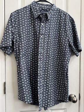American Rag Navy and White Short-Sleeve Button-Up Shirt